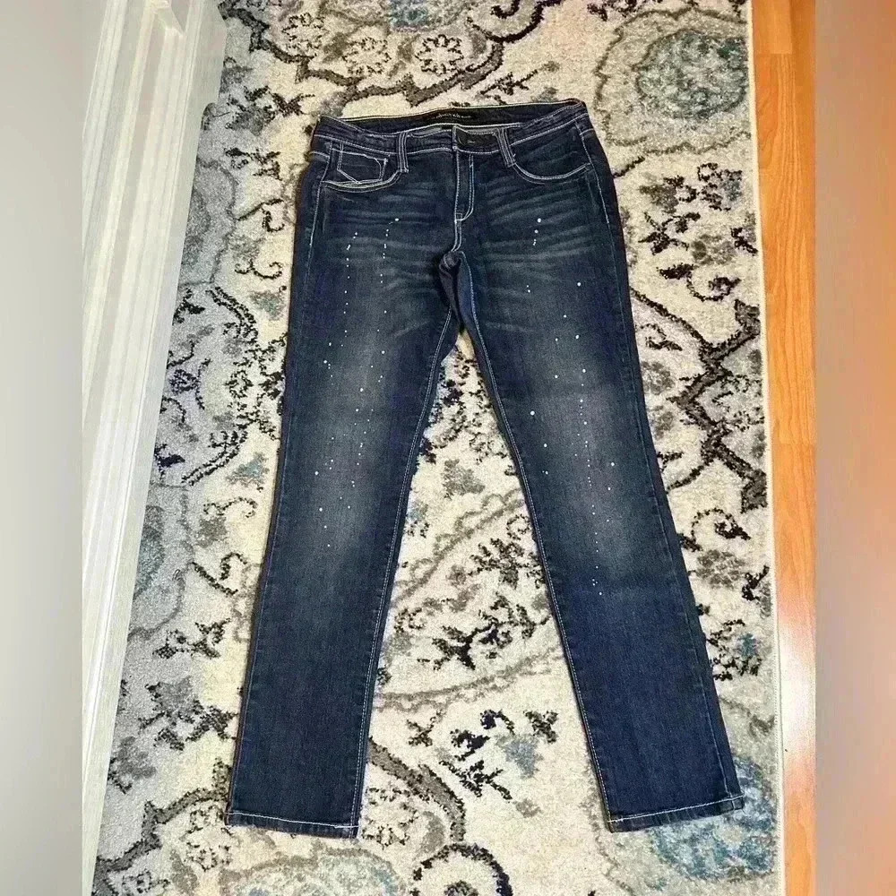 South Pole Women's Medium Wash Straight Leg Embellished Pockets Paint Spots Sz 9
